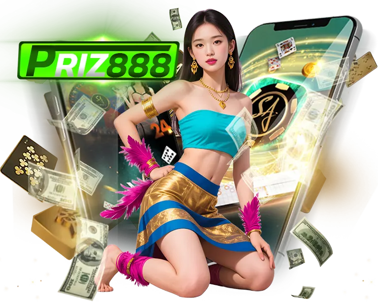 สาวชุดฟ้าแนวคาสิโนถือเงิน ใกล้ไพ่และโทรศัพท์มือถือ โลโก้ PRIZ888 เว็บสล็อตและคาสิโนออนไลน์อันดับ 1